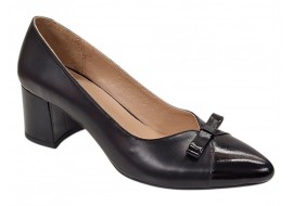 Pantofi eleganți damă negri din piele naturală, cu vârf lăcuit, fundă și toc gros KN1N